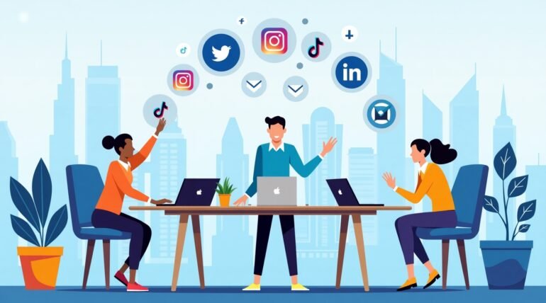 Affordable social media marketing agency team working on laptops with digital icons, Dubai skyline in background – Growvoo.